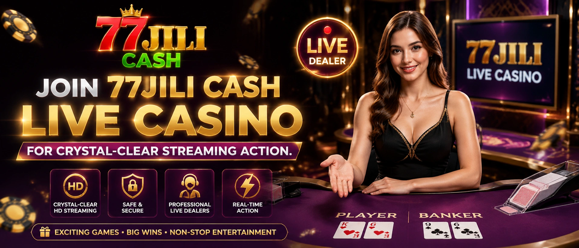 77JILIA live casino banner with dealer table style artwork